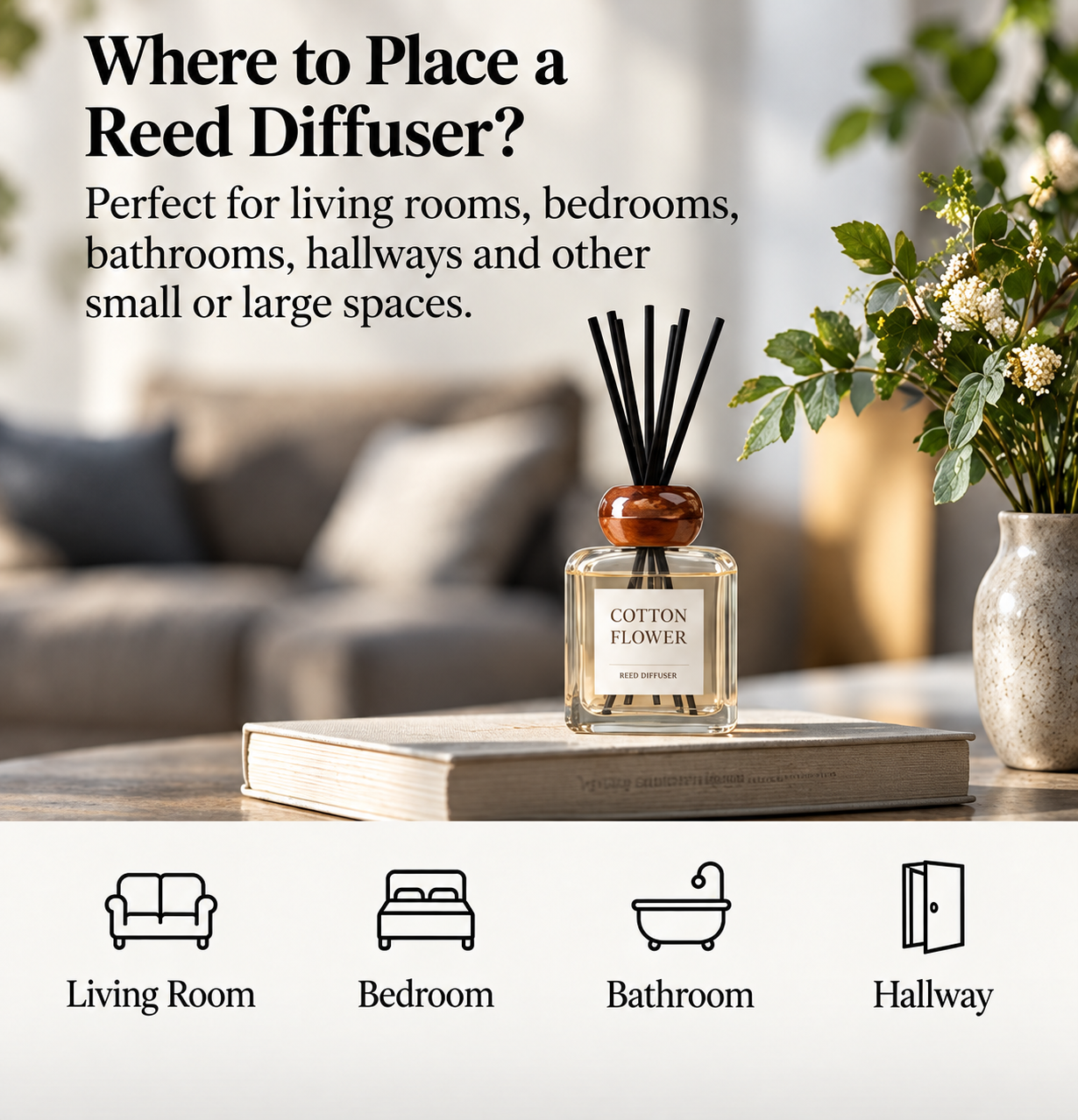 Reed diffuser placement guide for living rooms, bedrooms, bathrooms and hallways