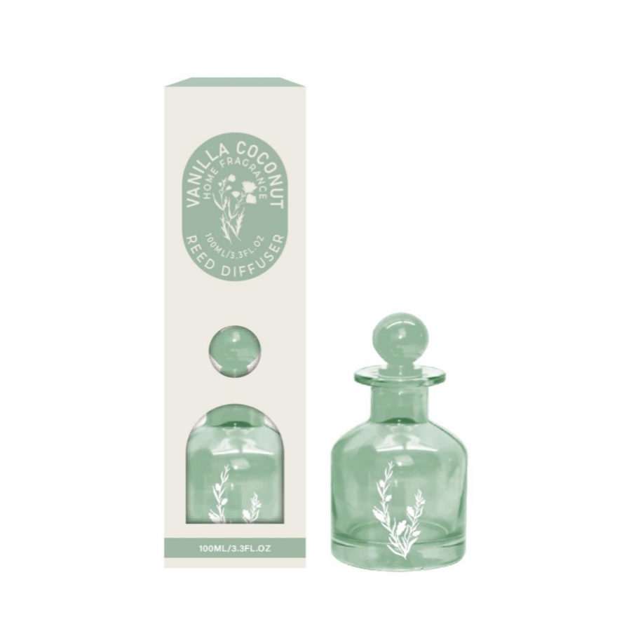 Vanilla Coconut Reed Diffuser – Sweet Tropical Home Fragrance in Green Round Bottle, 100ml (3.3 fl oz) product