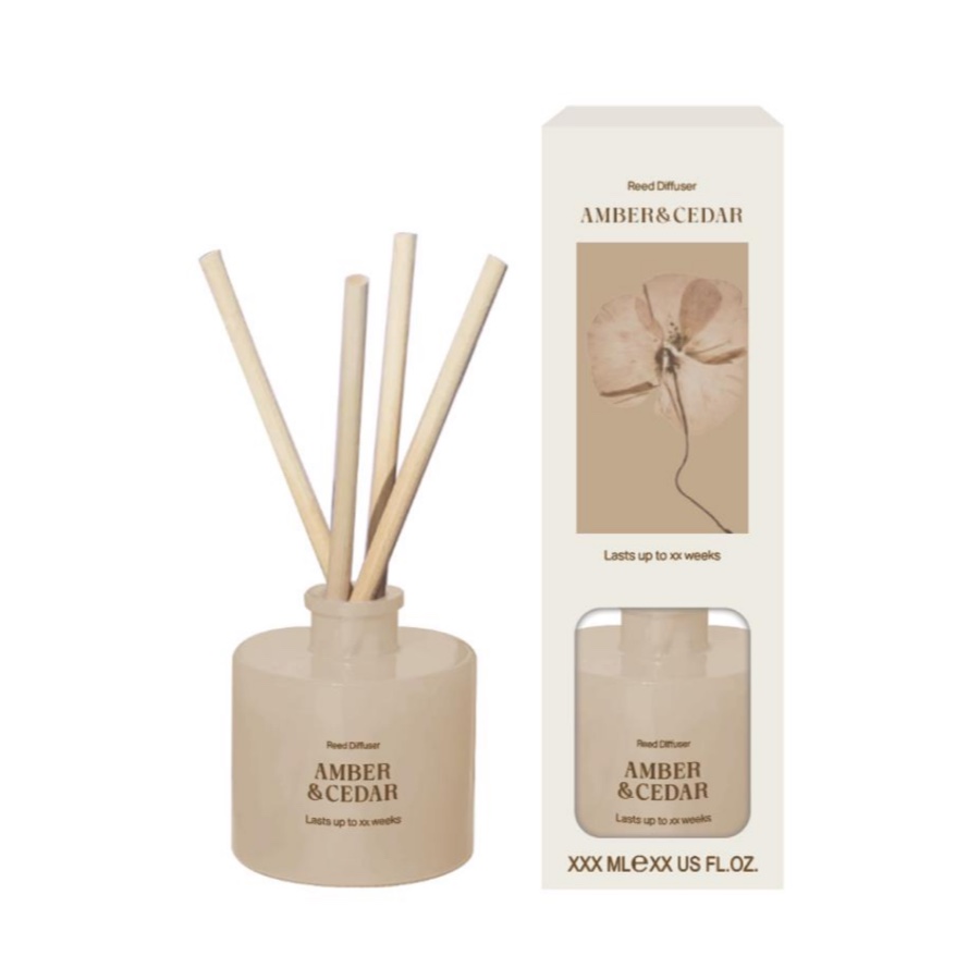 Amber & Cedar Reed Diffuser – Warm Woody Home Fragrance in Beige Round Bottle product