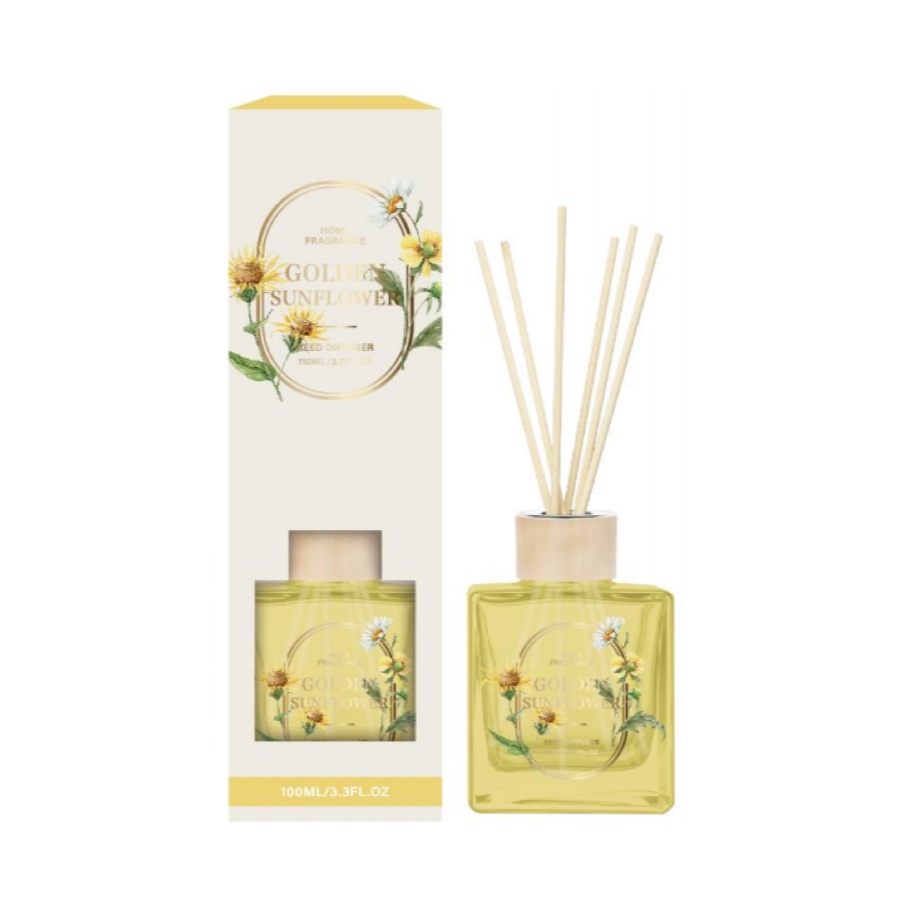 Golden Sunflower Reed Diffuser – Floral Home Fragrance in Yellow Square Bottle, 100ml (3.3 fl oz) product